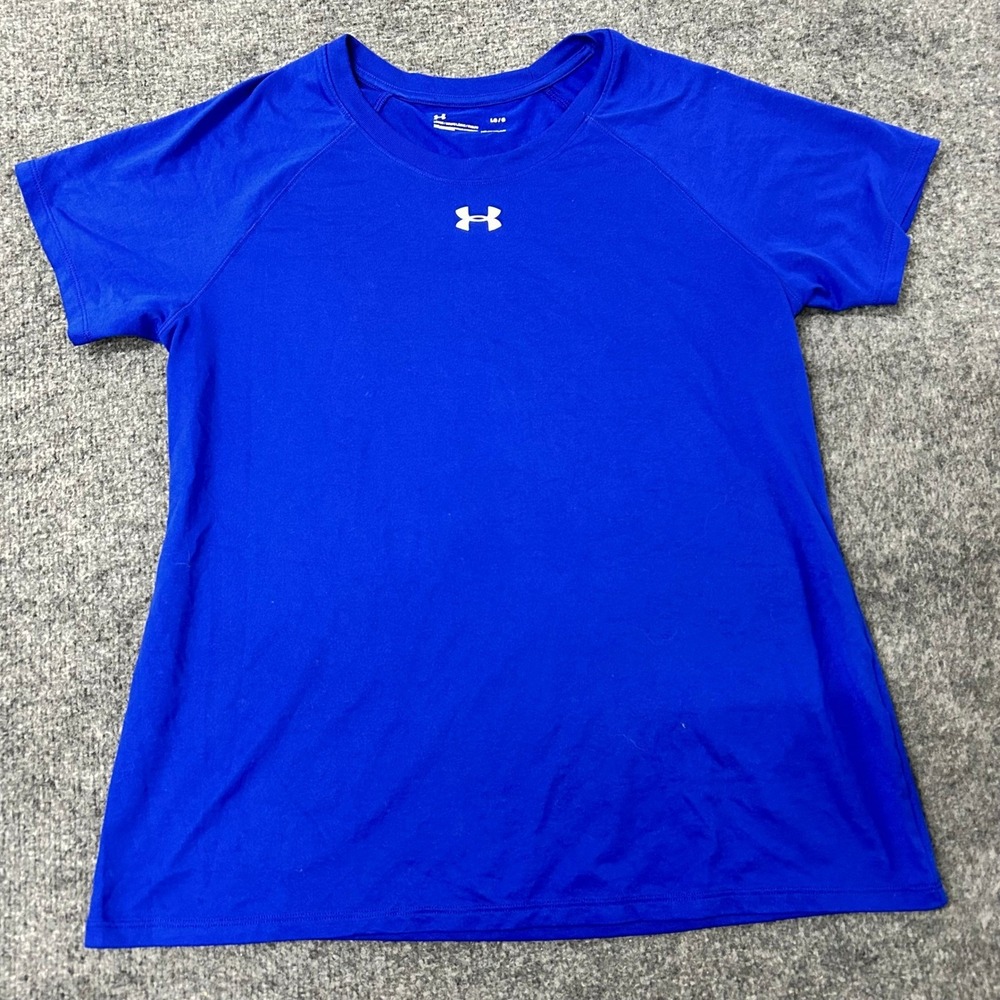 Under Armour Shirt Womens Size L Blue HeatGear Loose Fit Short Sleeve Athletic